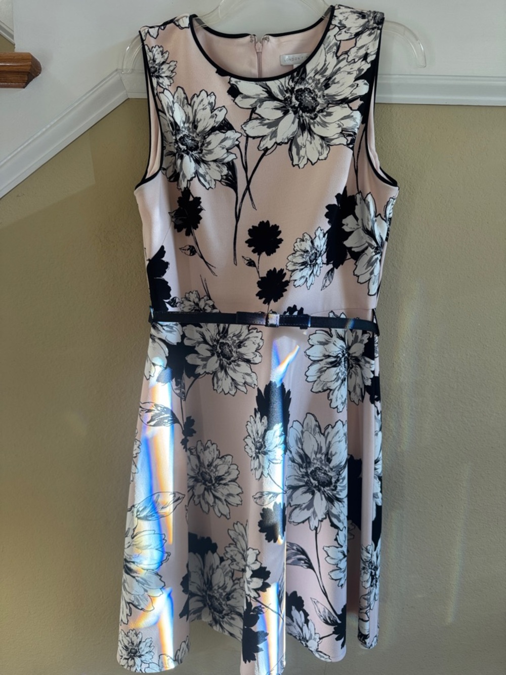 London Times Pink Floral Fit-and-Flare‎ Dress with Black Trim